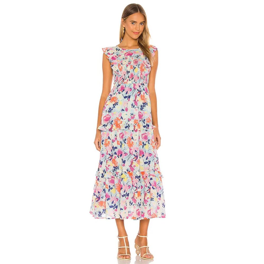 Banjanan Iris Smocked Midi Dress in Fiesta Sky Blue